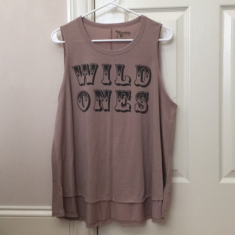 Mumu Mellow Graphic Hi-Low Muscle Tee Sz L Brown